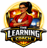 Woman in glasses, red blazer logo